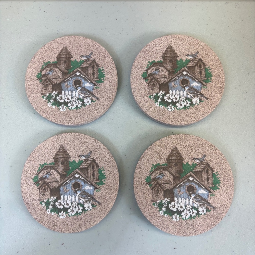 Rustic Birdhouse Garden Stone Coasters Farmhouse Cottagecore Cork Back Set of 4